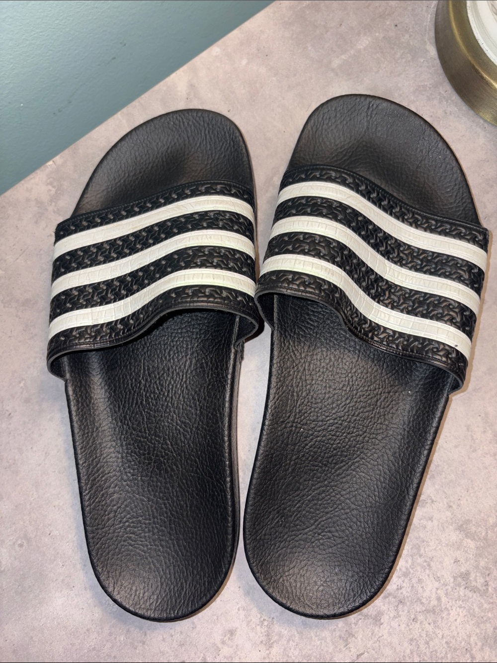 Black ADIDAS Slide Sandals with White Stripes